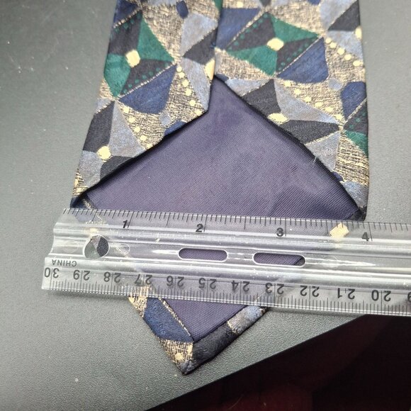 G.J. Cahn Vintage Silk Tie Green & Blue Geometric Pattern 3.5" Width Hand-Sewn - Picture 5 of 5